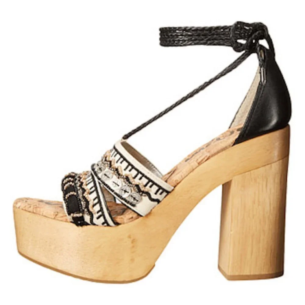 NWOB Sam Edelman Mel Embroidered Wooden Platform Sandal Black White